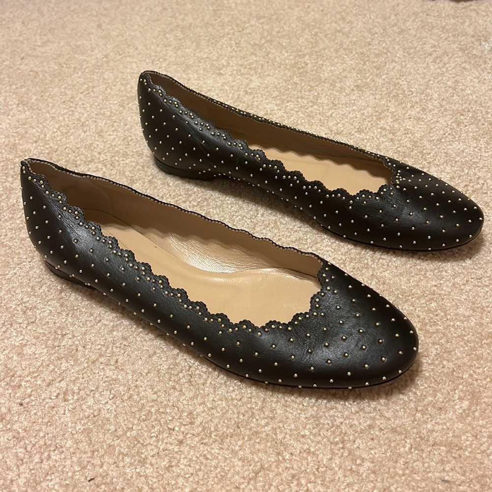 CHLOE LEATHER BALLET FLATS SCALLOPED BLACK GOLD 39.5